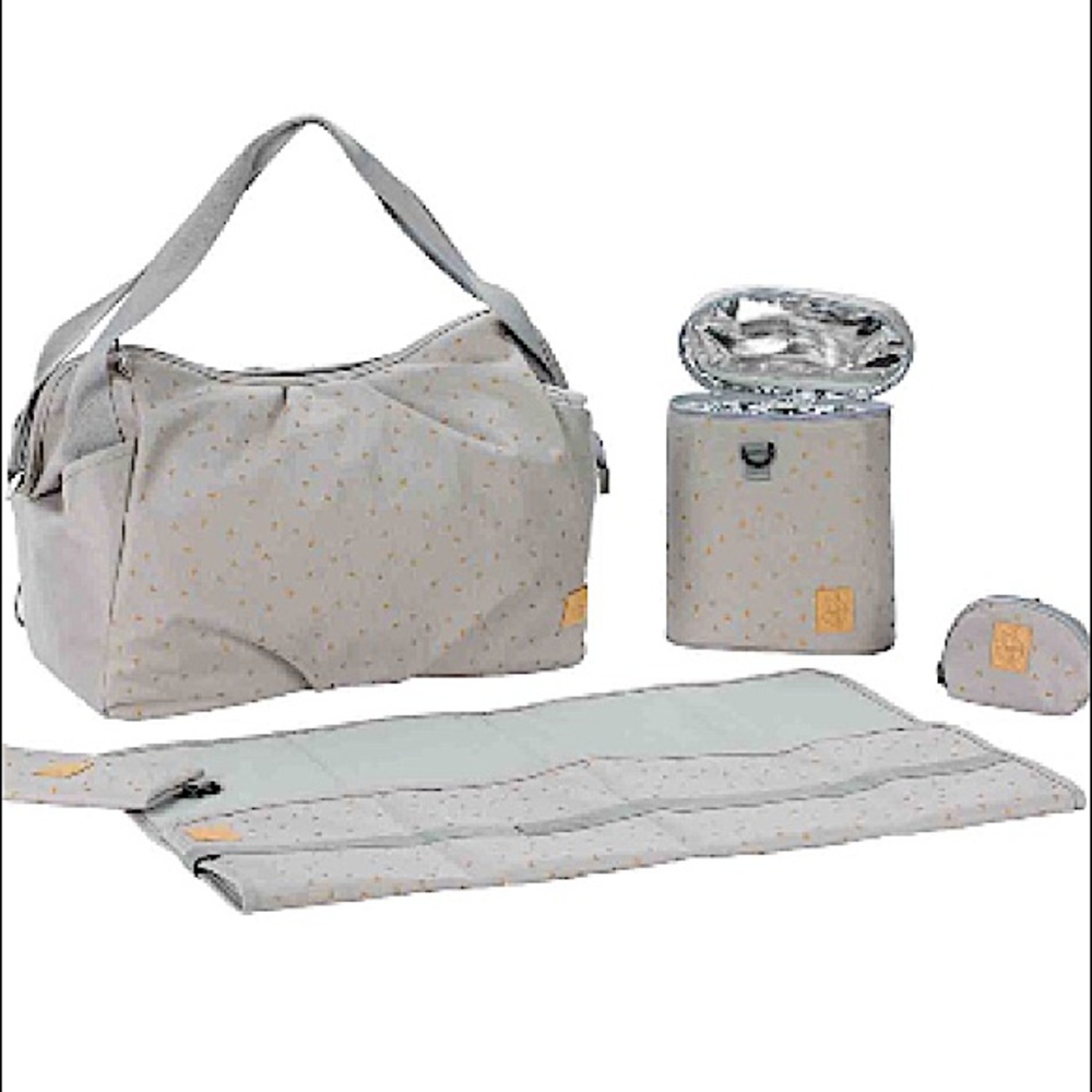 SOLD • new Lassig baby diaper bag w. 4 accessories